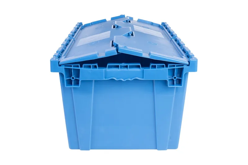 End view of the blue moving crate showing its molded handhold and attached lids