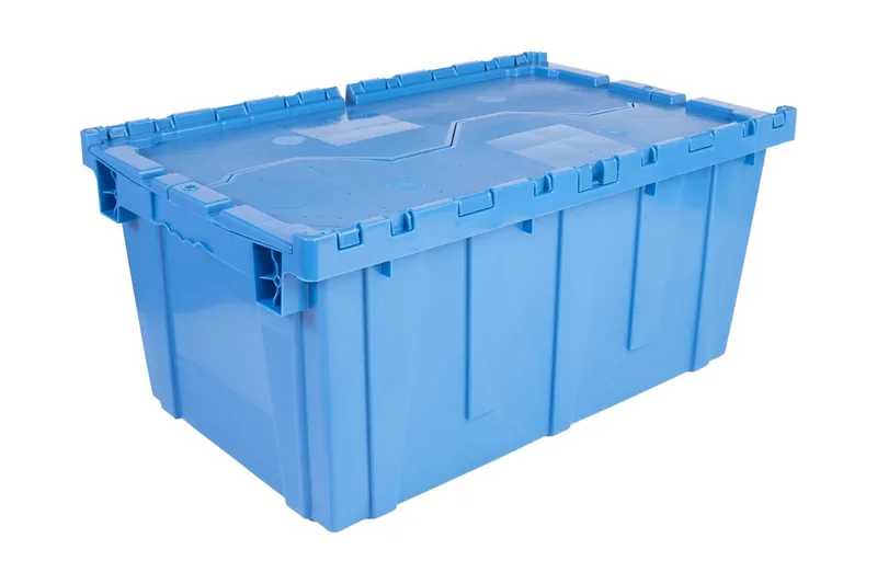 Closed blue moving crate with its two attached lid halves meeting in the center