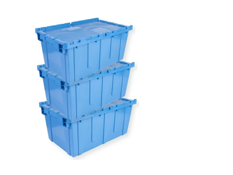 Three identical blue attached-lid moving crates stacked vertically